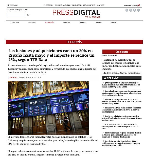 Las fusiones y adquisiciones caen un 20% en Espaa hasta mayo y el importe se reduce un 25%, segn TTR Data